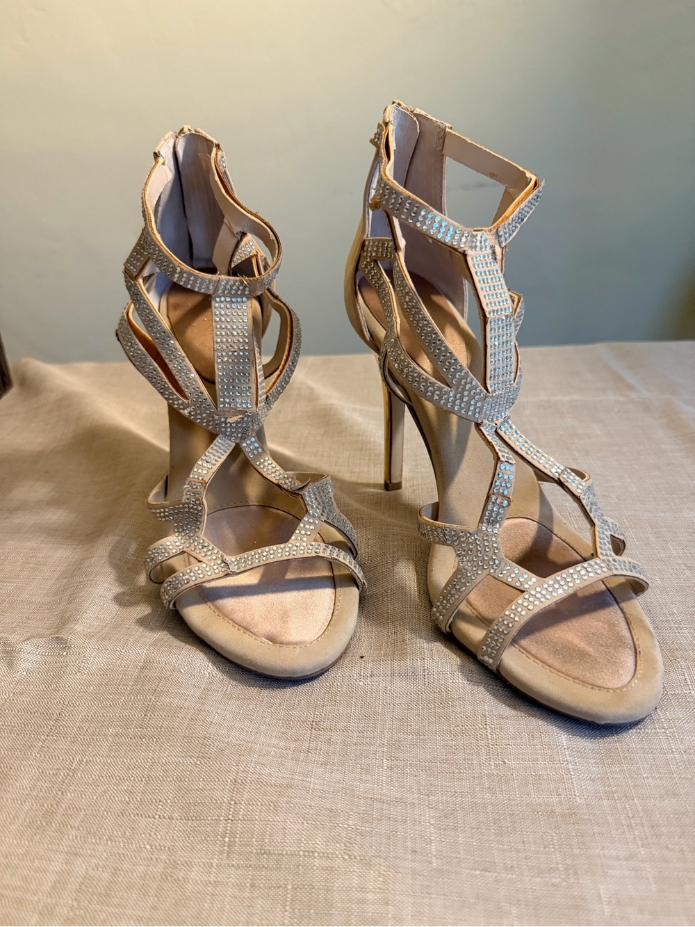 BCBGeneration Nude Rhinestone Gladiator Stiletto Sandals